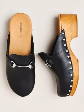Anthropologie Black Leather Studded Wooden Clog Mules with Silver Hardware